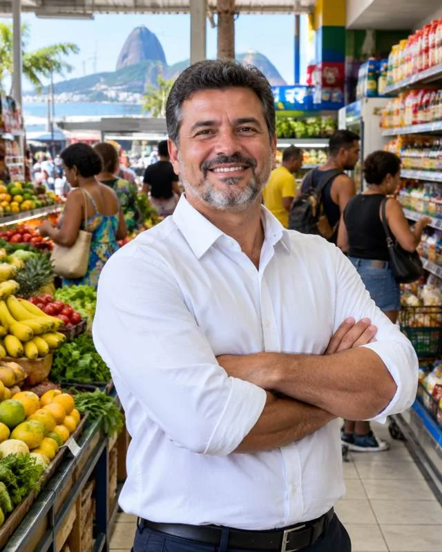 Dono de supermercado no Rio de Janeiro, com o Pão de Açúcar ao fundo